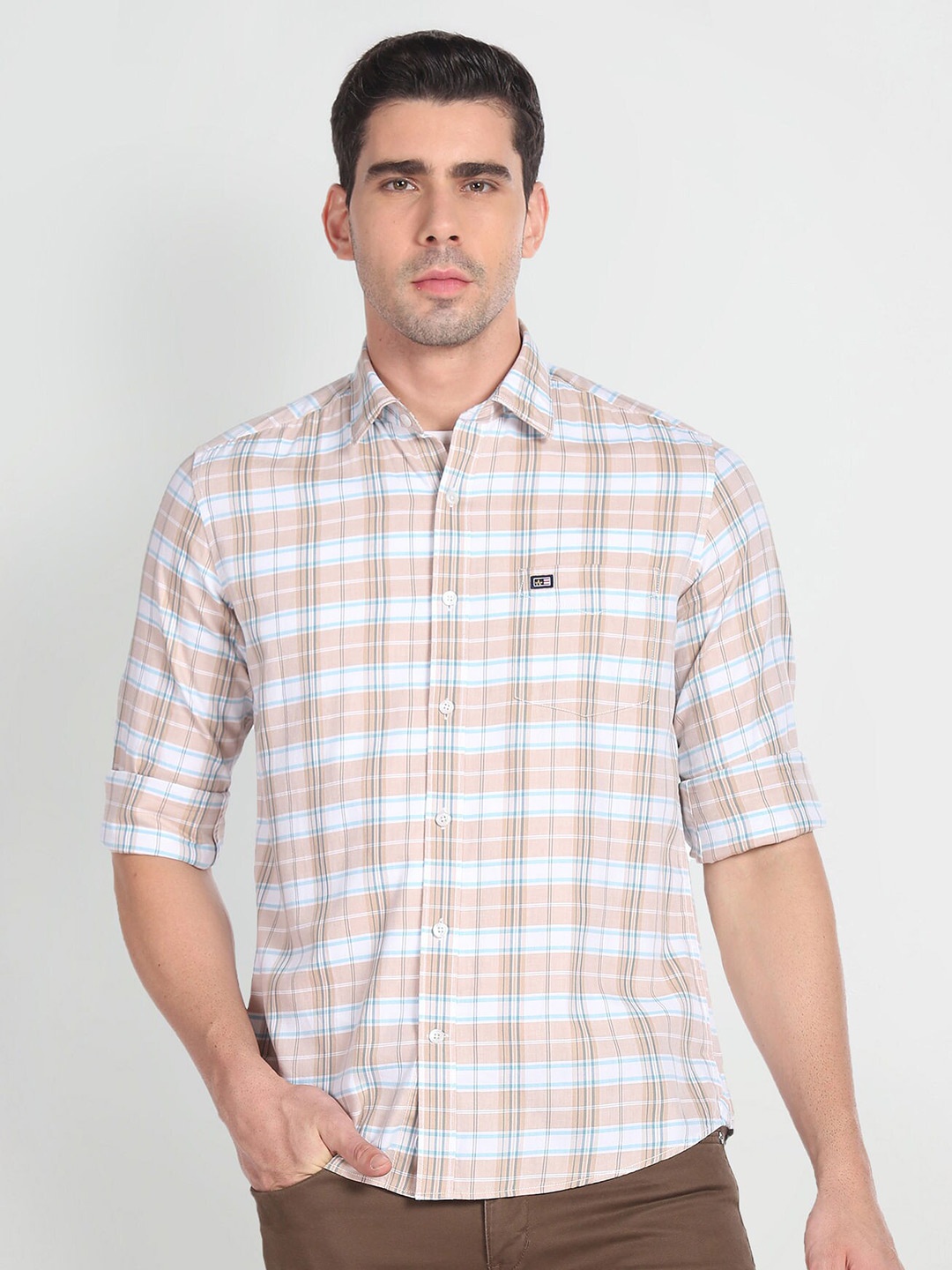 

Arrow Sport Checked Slim Fit Comfort Cotton Casual Shirt, Beige