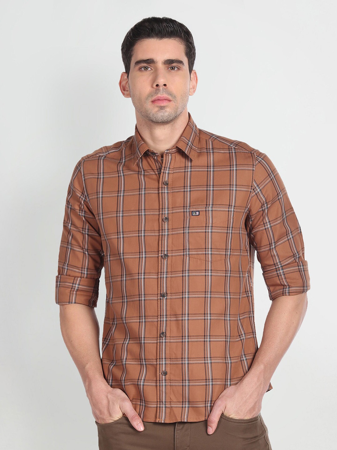 

Arrow Sport Checked Slim Fit Comfort Cotton Casual Shirt, Brown