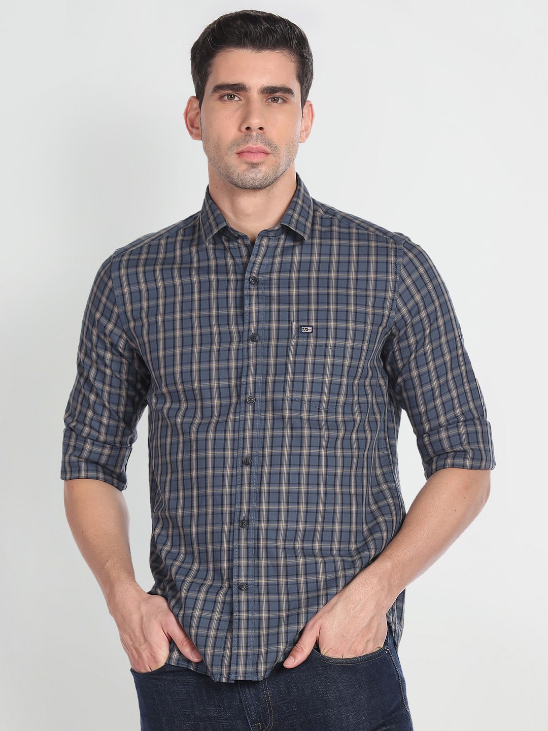 

Arrow Sport Spread Collar Slim Fit Tartan Checked Casual Pure Cotton Shirt, Blue