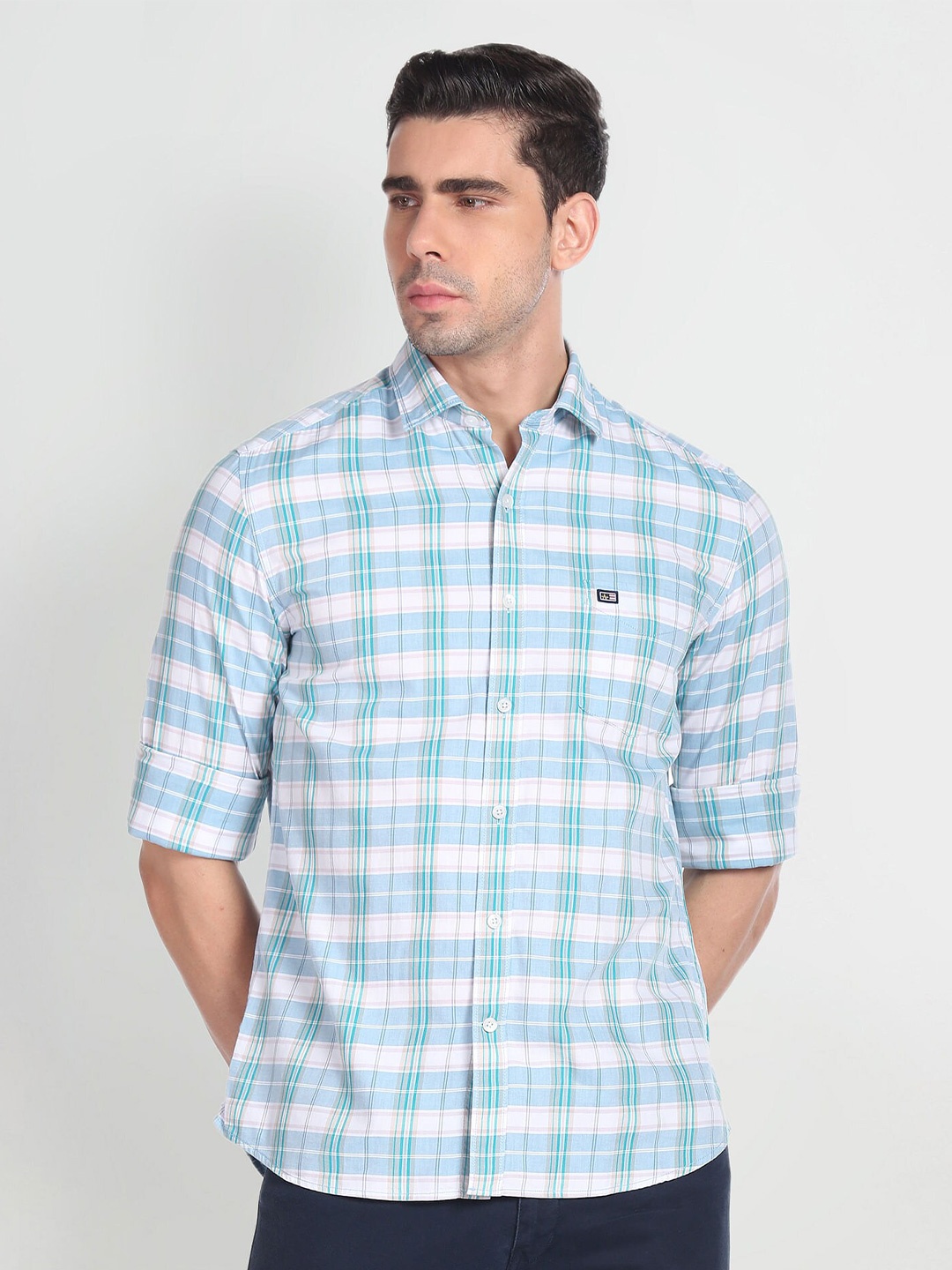 

Arrow Sport Spread Collar Slim Fit Checked Casual Pure Cotton Shirt, Blue