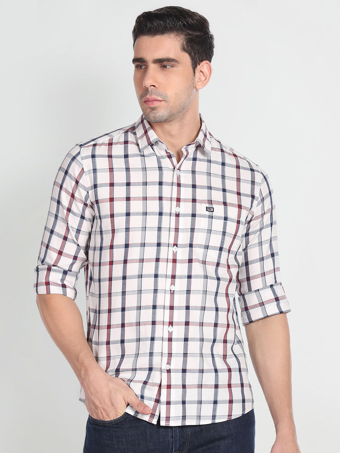 

Arrow Sport Spread Collar Slim Fit Checked Twill Pure Cotton Shirt, White