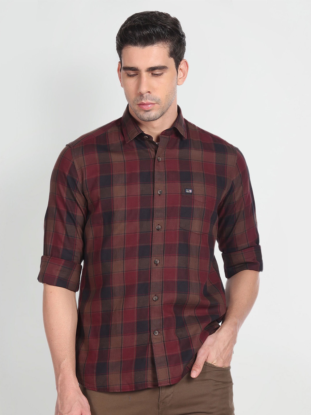 

Arrow Sport Spread Collar Slim Fit Checked Casual Pure Cotton Shirt, Red