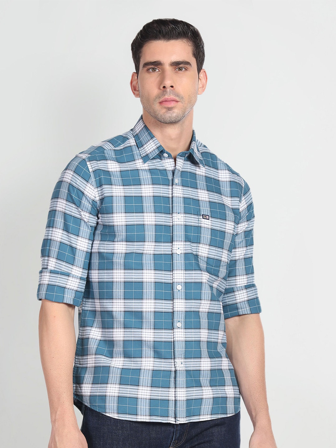 

Arrow Sport Spread Collar Slim Fit Tartan Checked Casual Pure Cotton Shirt, Blue