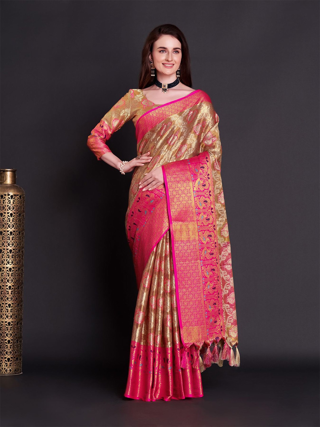 

Anouk Gold-Toned Ethnic Motifs Woven Design Zari Organza Tussar Saree