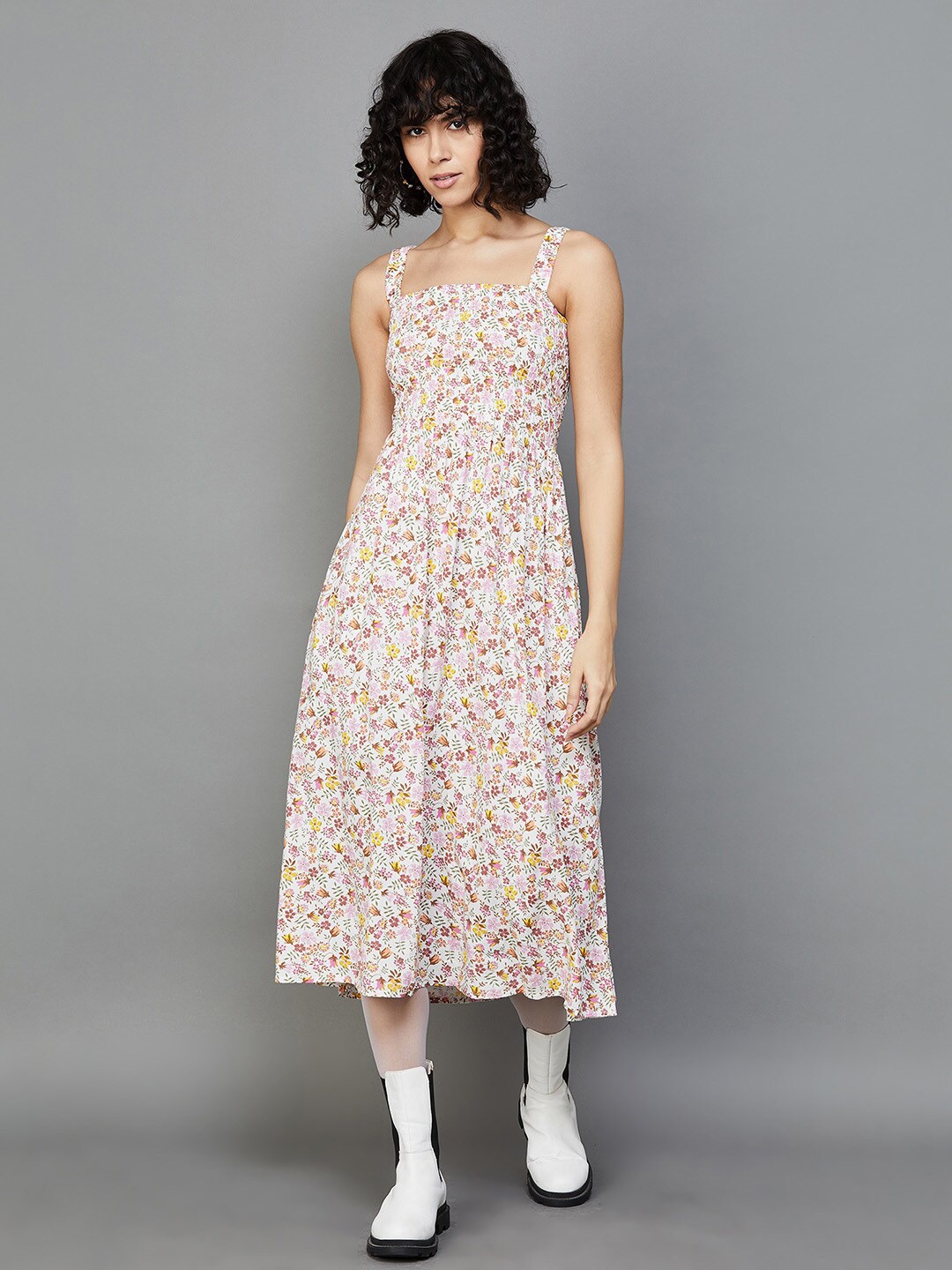 

Ginger by Lifestyle Floral Printed Smocked A-Line Midi Dress, White