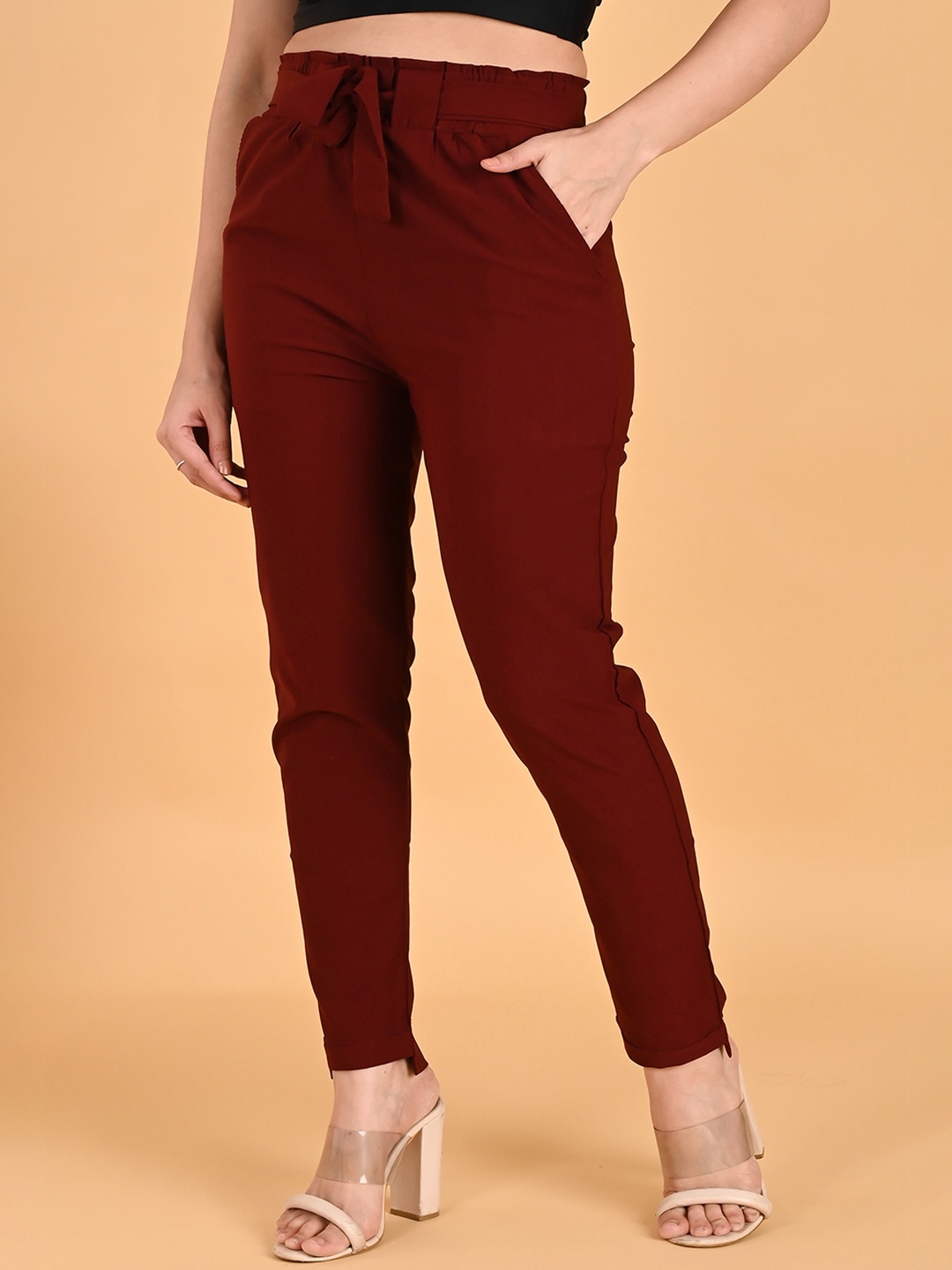 

FUBAR Women Slim Fit High-Rise Easy Wash Regular Trousers, Maroon