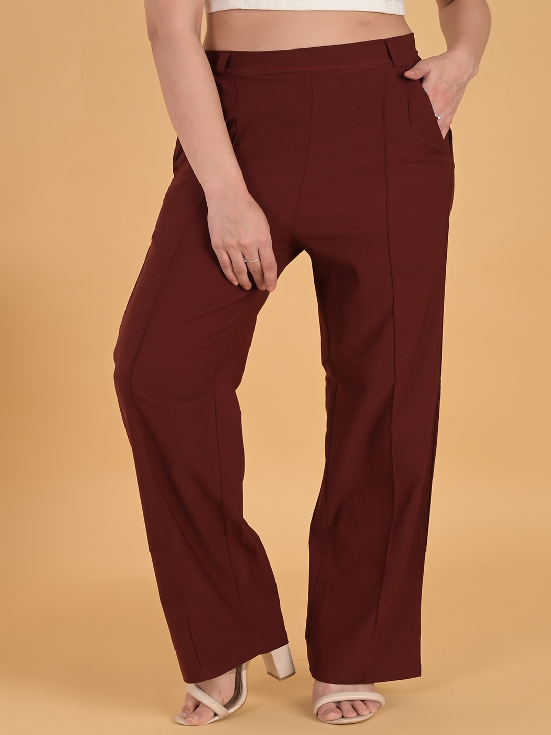 

FUBAR Women High-Rise Easy Wash Parallel Trousers, Maroon