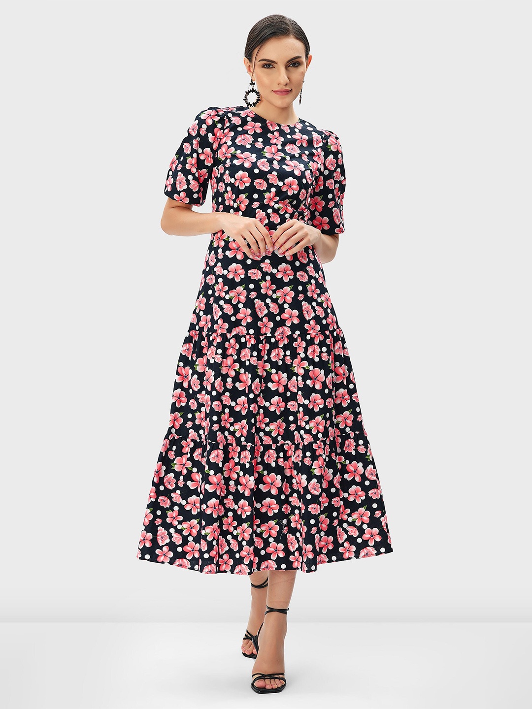 

Zapelle Navy Blue Print Fit & Flare Midi Cotton Dress