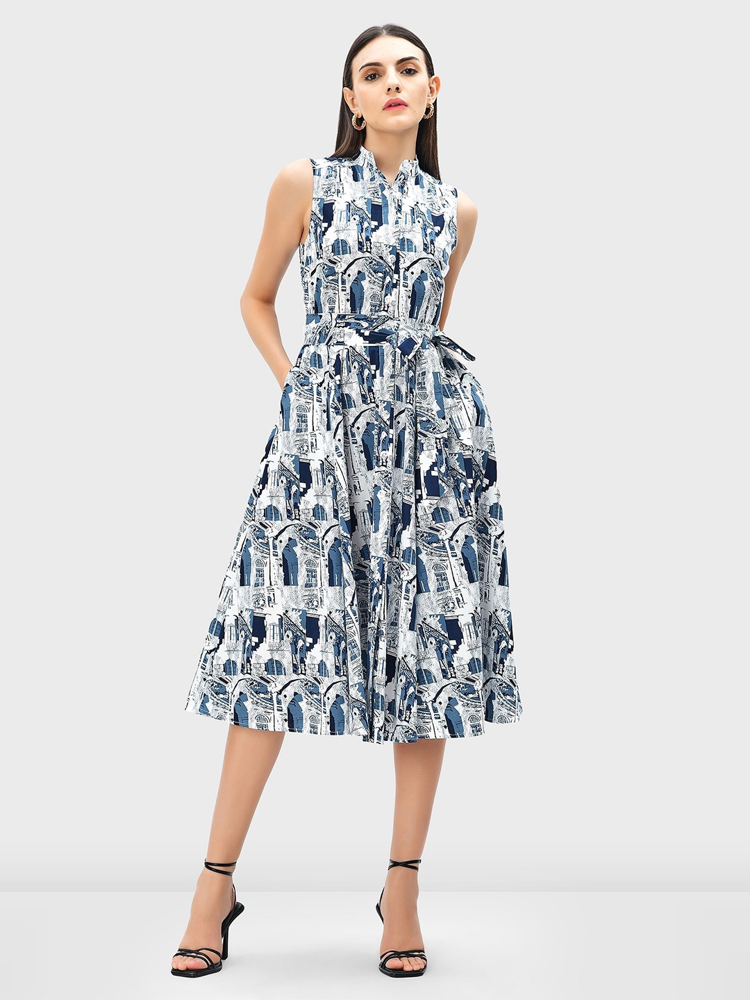 

Zapelle Abstract Printed Tie Ups A-Line Cotton Dress With Belt, Blue