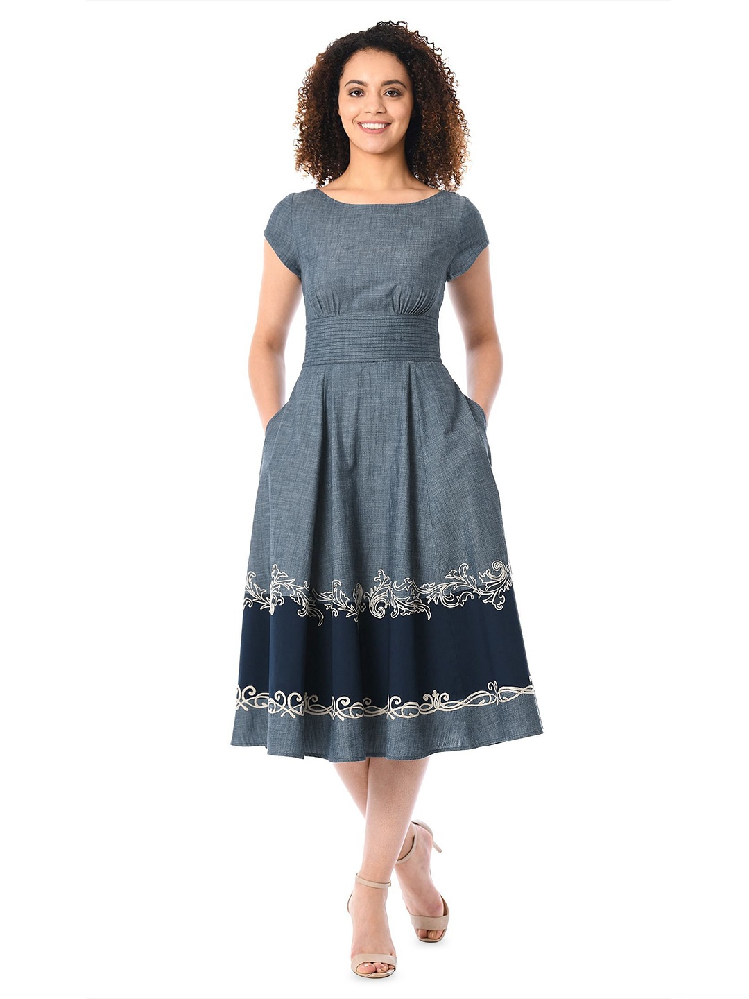 

Zapelle Gathered Detail Boat Neck Cap Sleeves Cotton Fit & Flare Dress, Grey