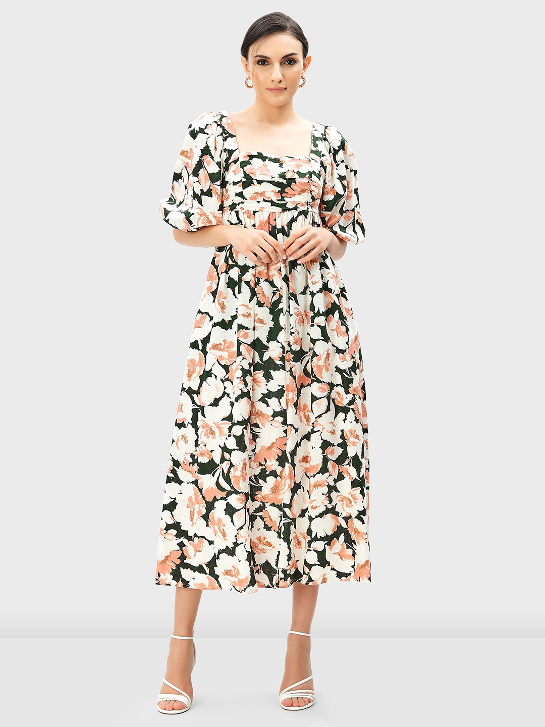 

Zapelle Floral Printed Puff Sleeve Linen Fit and Flare Dress, Green