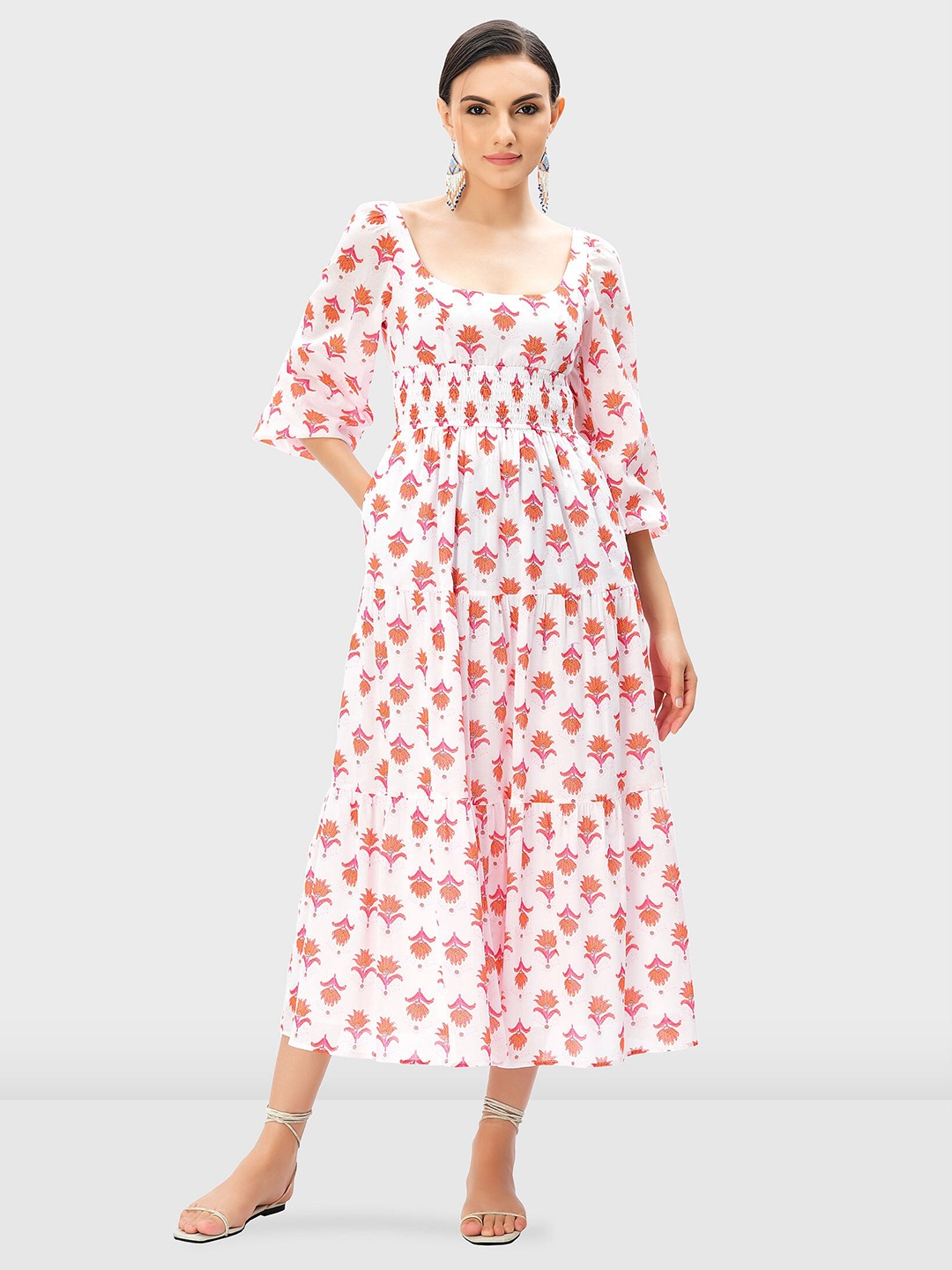 

Zapelle Floral Block Printed Tiered Smocked Cotton A-Line Midi Dress, Pink