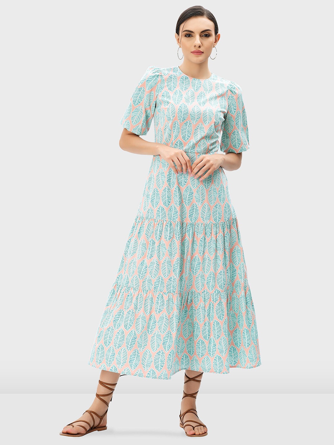 

Zapelle Tropical Printed Puff Sleeves Gathered Detail Cotton A-Line Dress, Pink