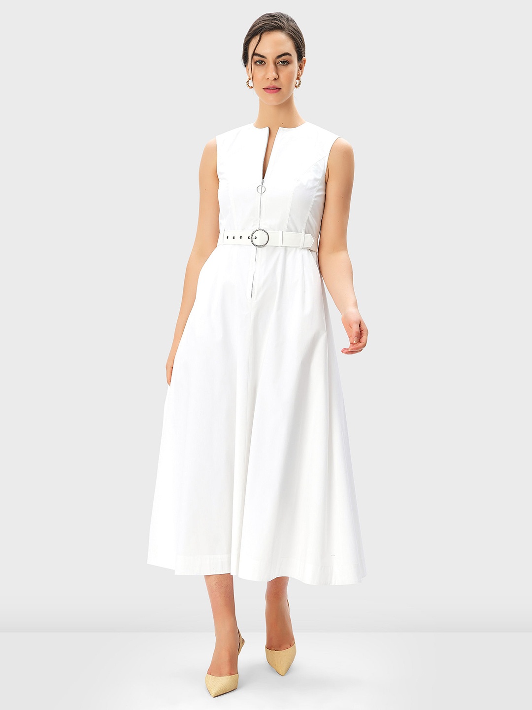 

Zapelle Round Neck Belted Cotton A-Line Midi Dress, White
