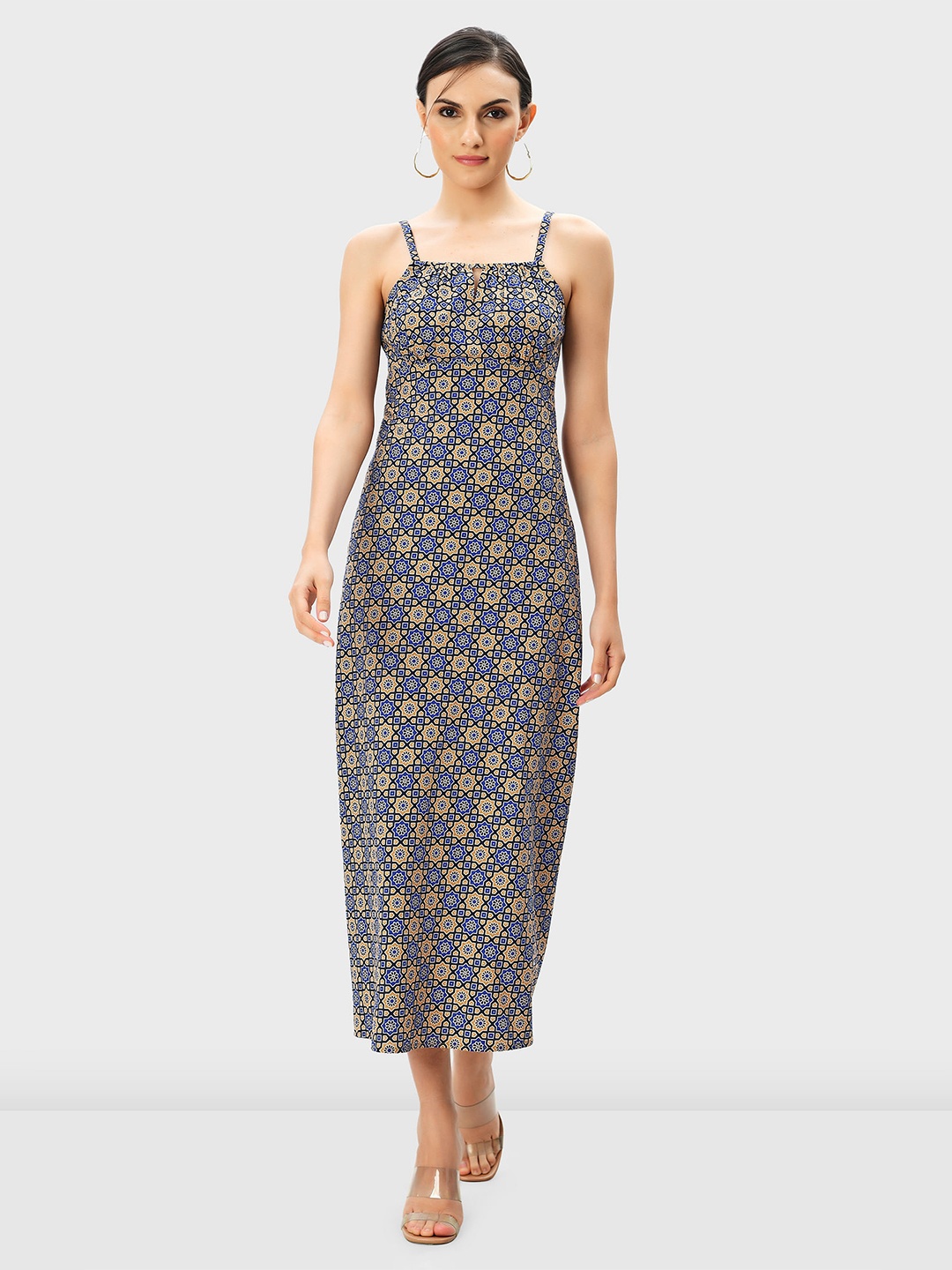 

Zapelle Floral Print Shoulder Straps Gathered Detail Cotton A-Line Dress, Navy blue