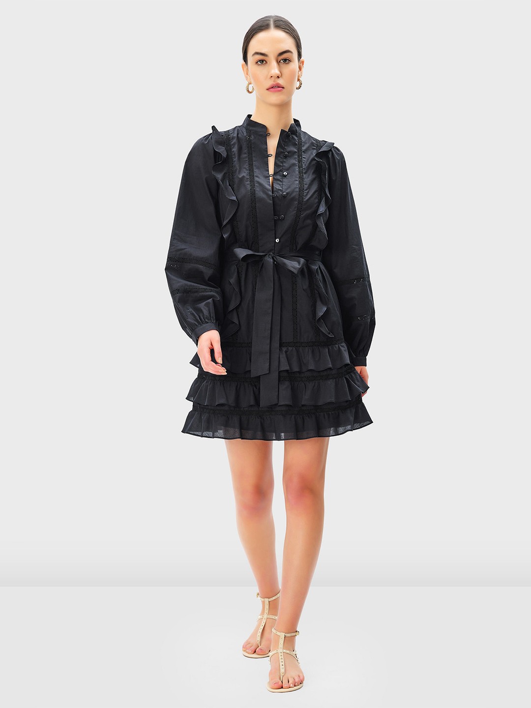 

Zapelle Ruffles Cotton Fit & Flare Midi Dress With Belt, Black