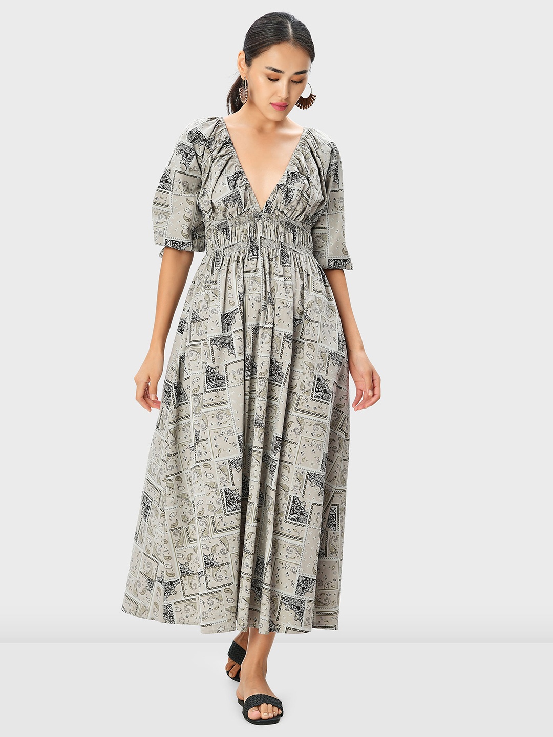 

Zapelle Ethnic Printed V-Neck Puff Sleeve Empire Midi Cotton Dress, Grey