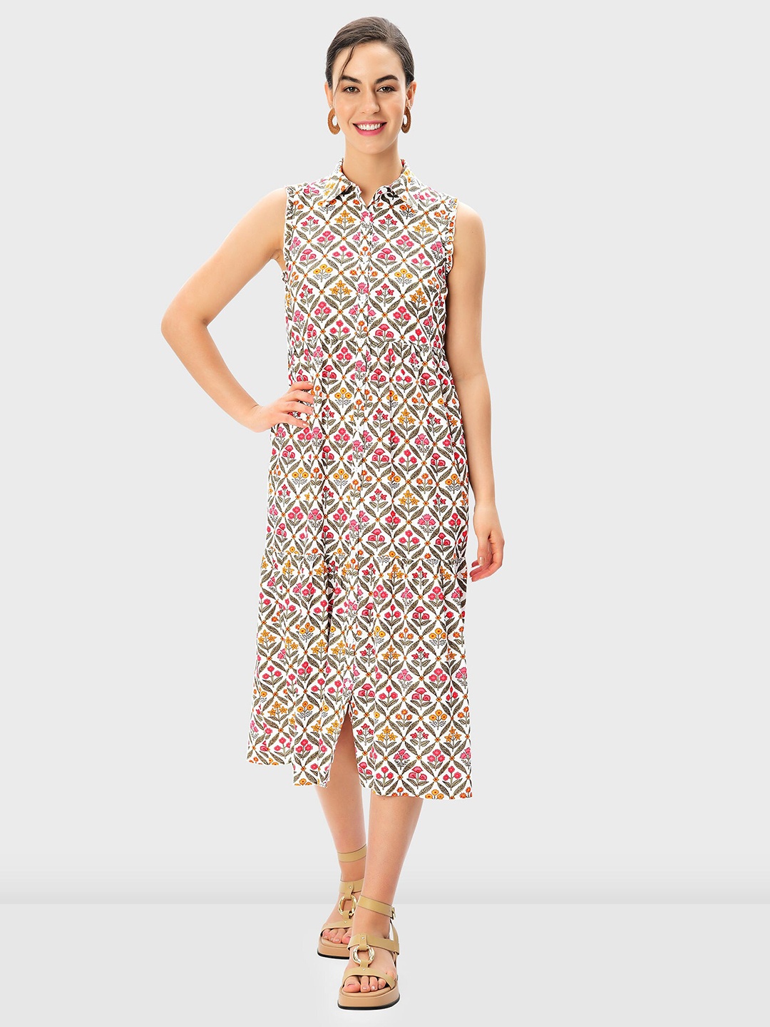 

Zapelle Floral Printed Shirt Collar Shirt Midi Dress, White