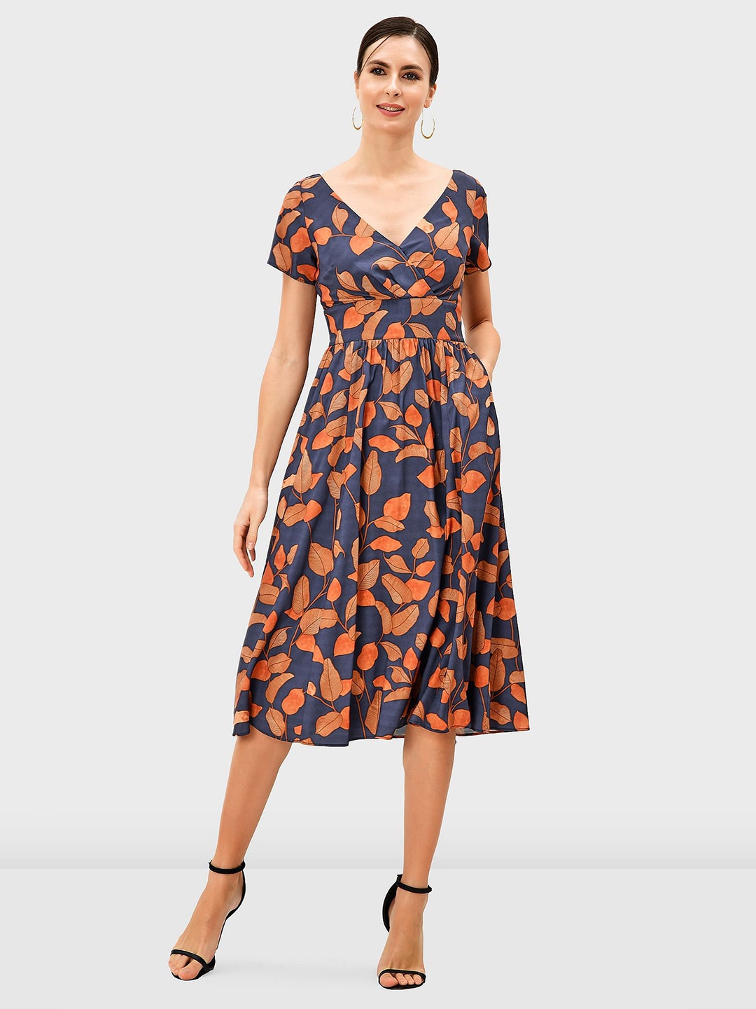 

Zapelle Floral Printed V-Neck Pleated Fit & Flare Midi Dress, Navy blue