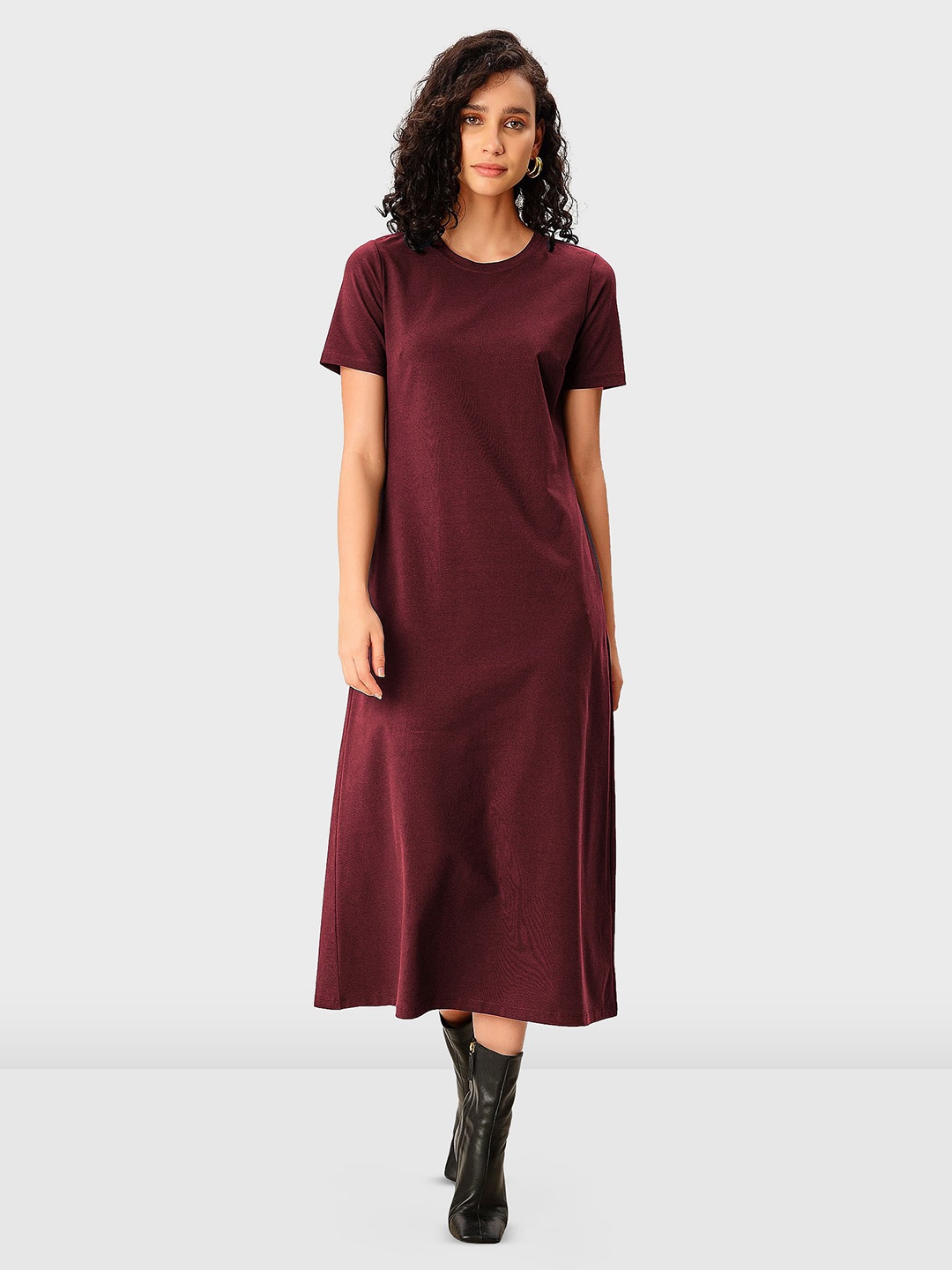 

Zapelle Round Neck A-Line Midi Dress Cotton, Maroon