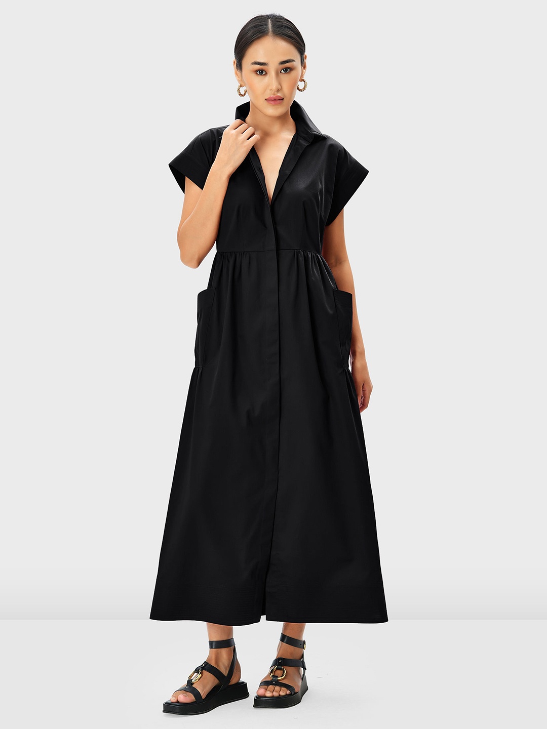 

Zapelle Extended Sleeves Cotton Shirt Dress, Black