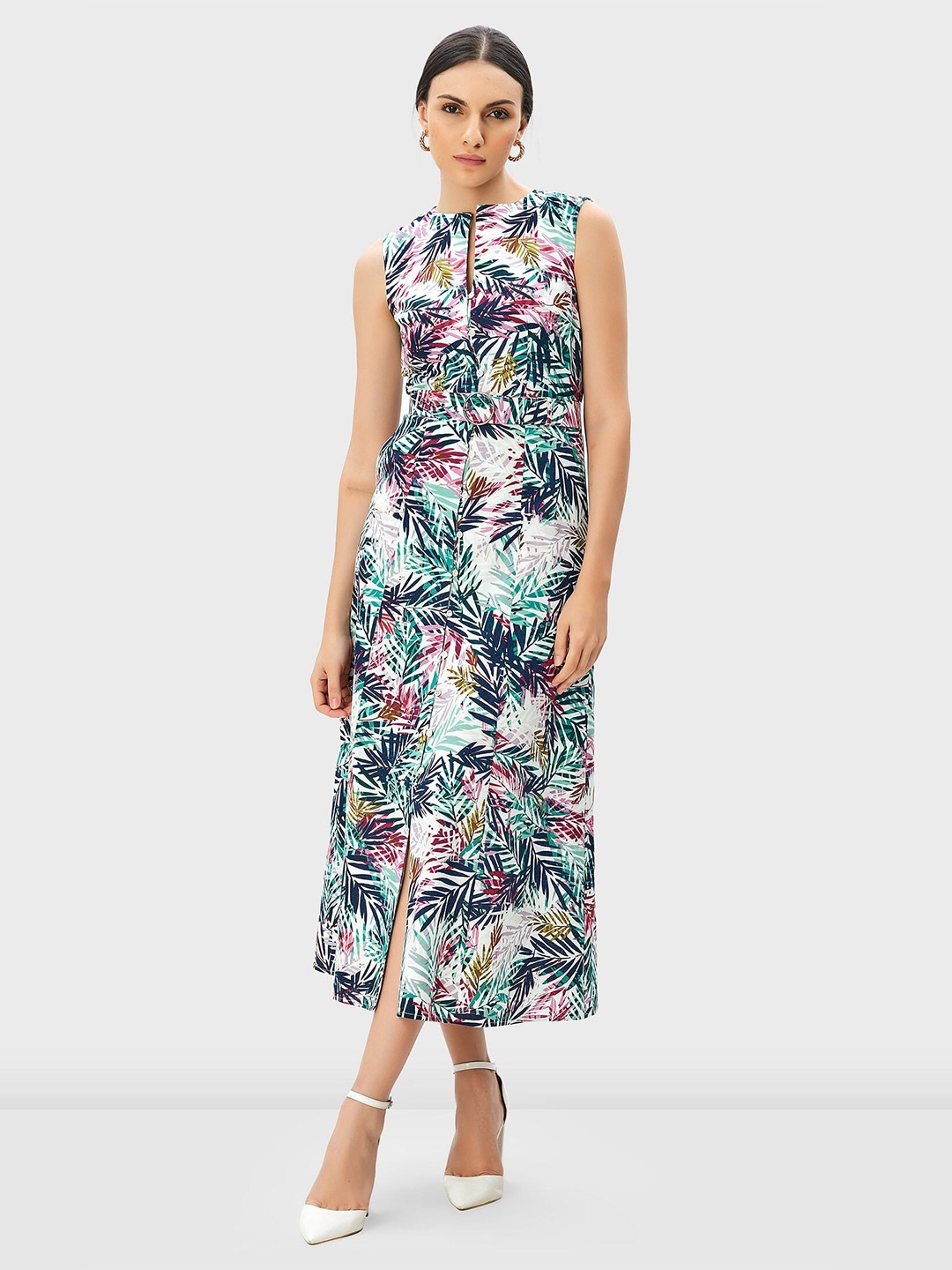 

Zapelle Tropical Print Mandarin Collar Linen A-Line Dress, Green