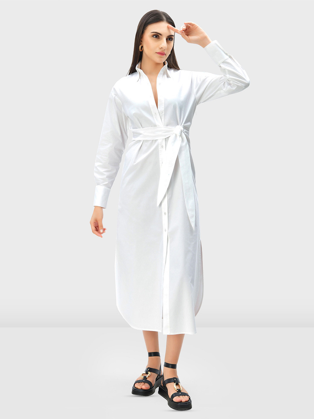 

Zapelle Shirt Collar Shirt Midi Dress, White