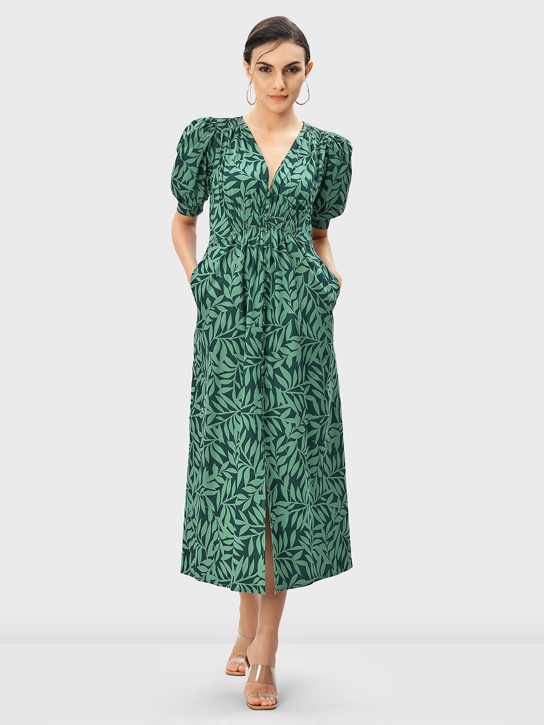 

Zapelle Tropical Printed V-Neck Puff Sleeves A-Line Midi Dress, Green