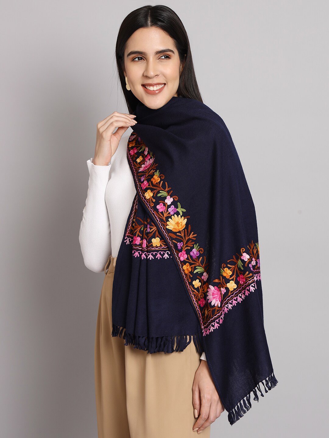 

CRAFTBAZAR EmbroideredPure Wool Shawl, Navy blue