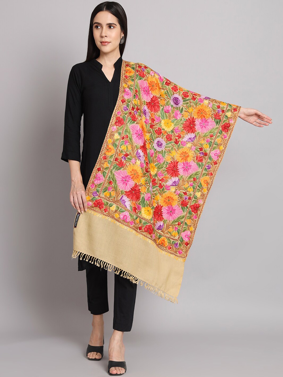 

CRAFTBAZAR Embroidered Pure Wool Shawl, Beige