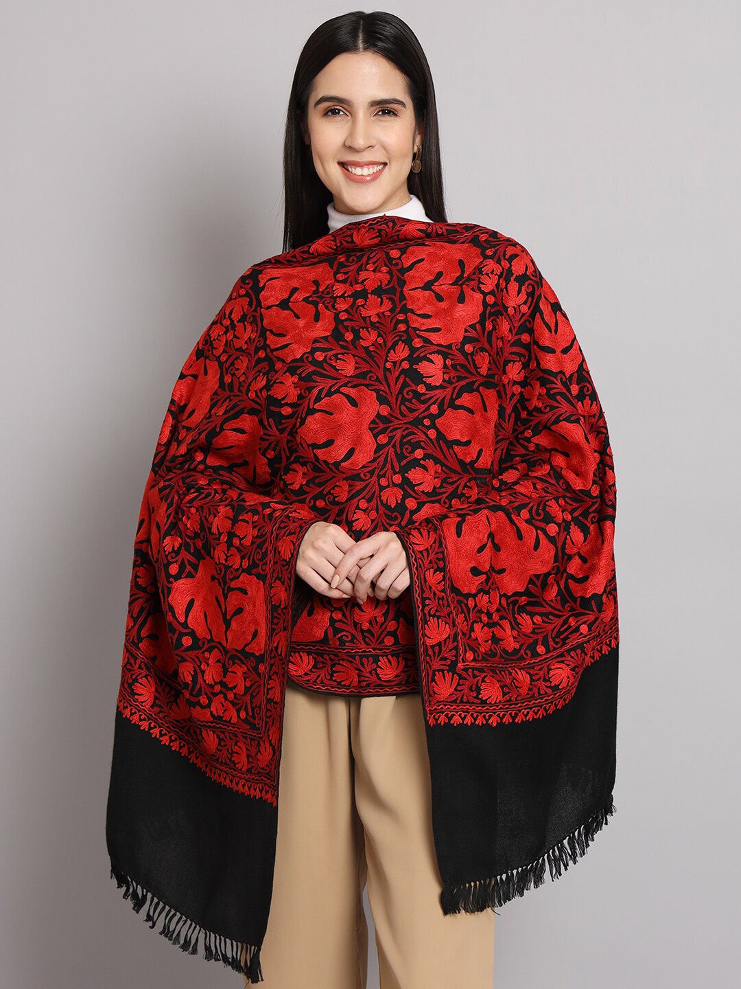 

CRAFTBAZAR Embroidered Pure Wool Shawl, Black