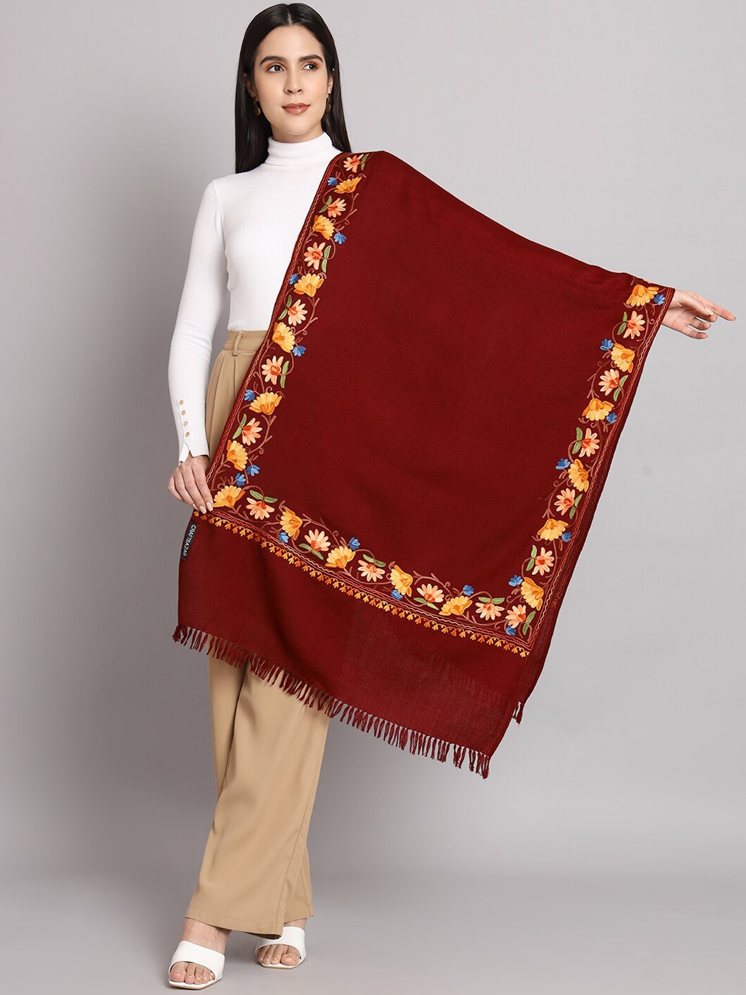 

CRAFTBAZAR Floral Embroidered Pure Wool Shawl, Maroon