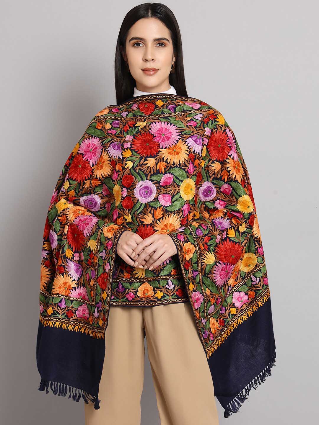 

CRAFTBAZAR Floral Embroidered Pure Wool Shawl, Navy blue