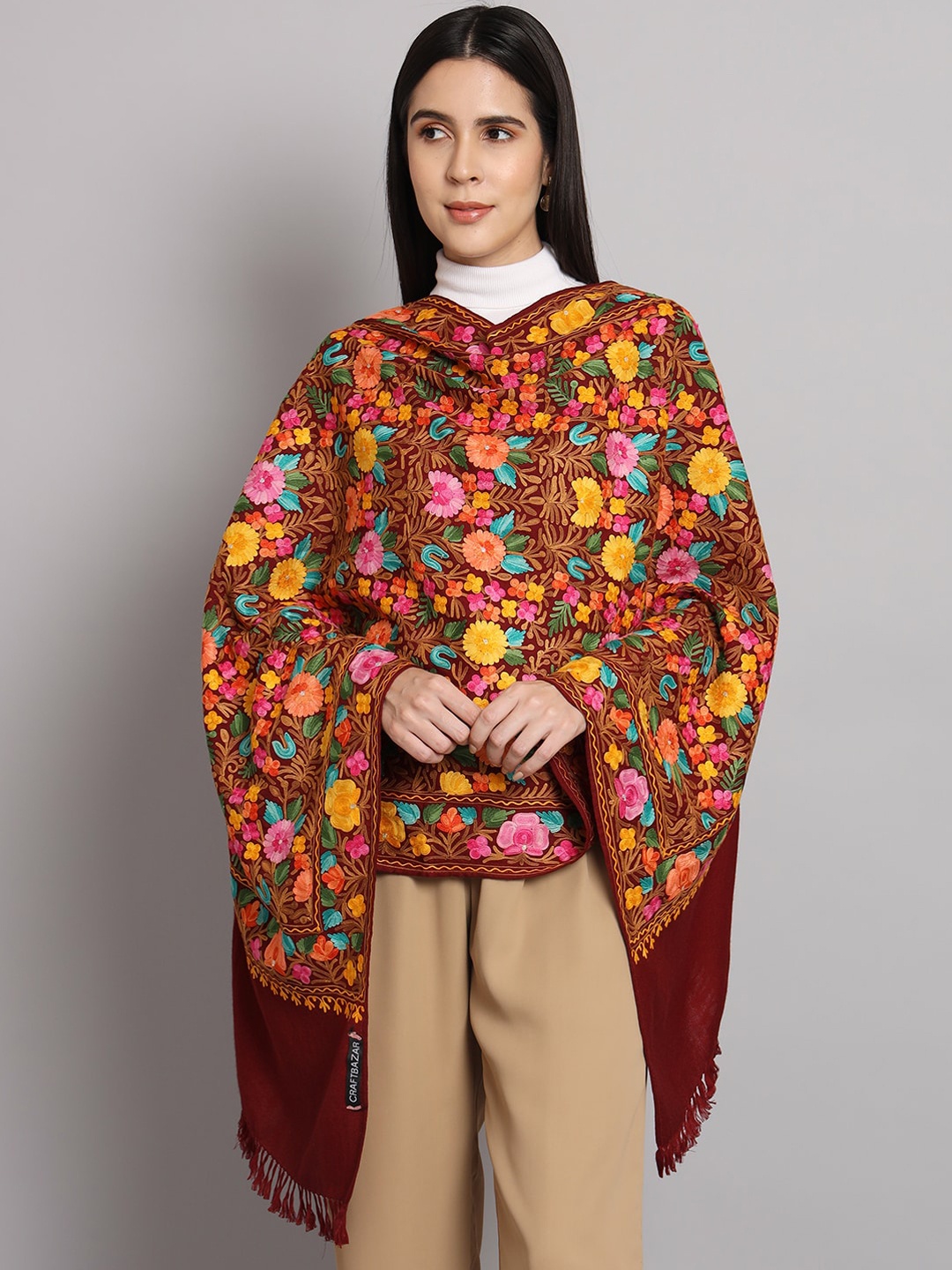 

CRAFTBAZAR Floral Embroidered Pure Wool Shawl, Maroon