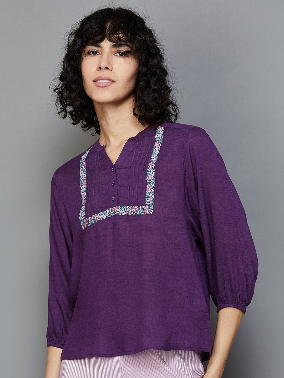 

Fame Forever by Lifestyle Mandarin Collar Top, Purple