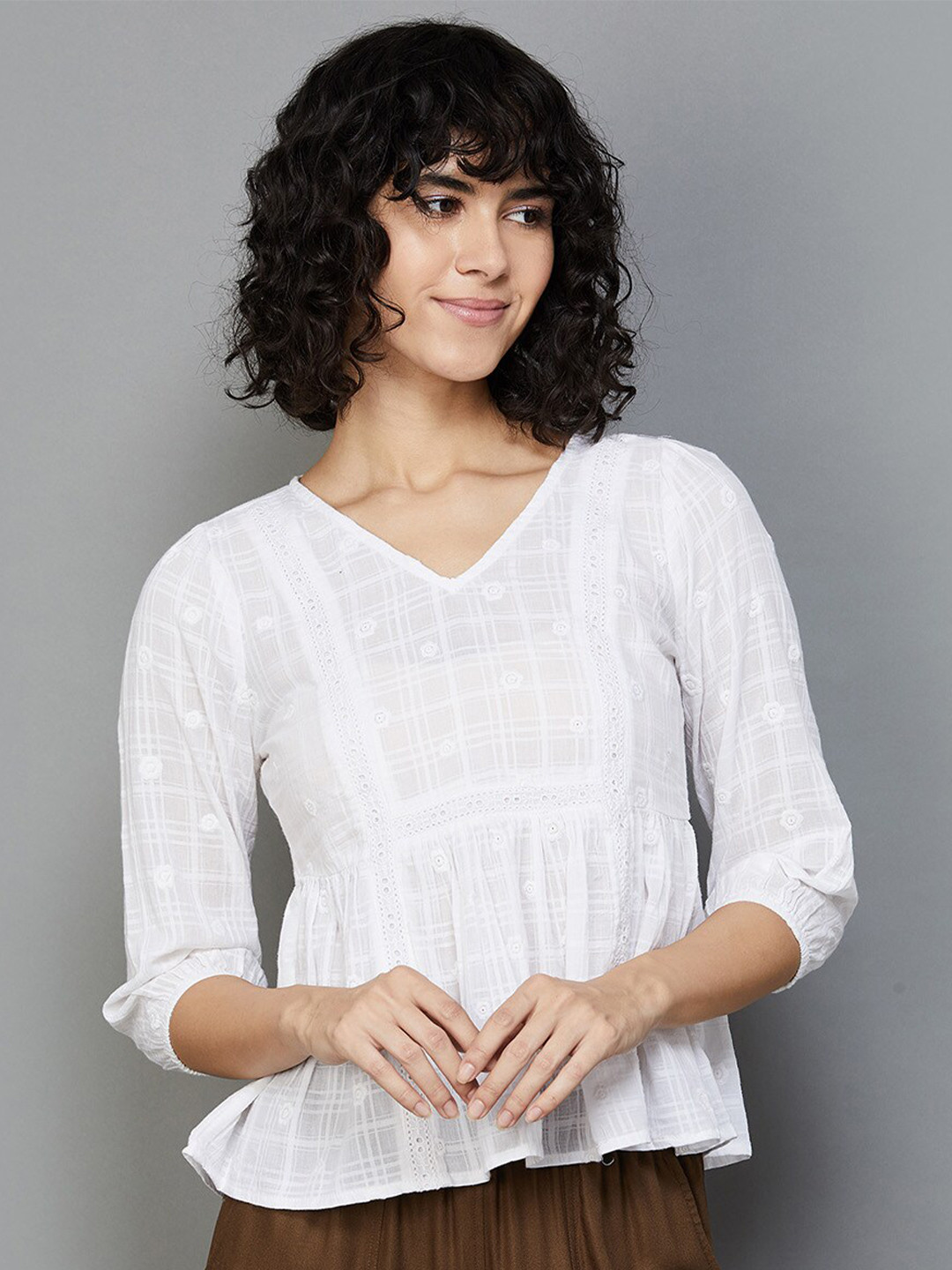 

Fame Forever by Lifestyle Checked V-Neck Pure Cotton Top, White