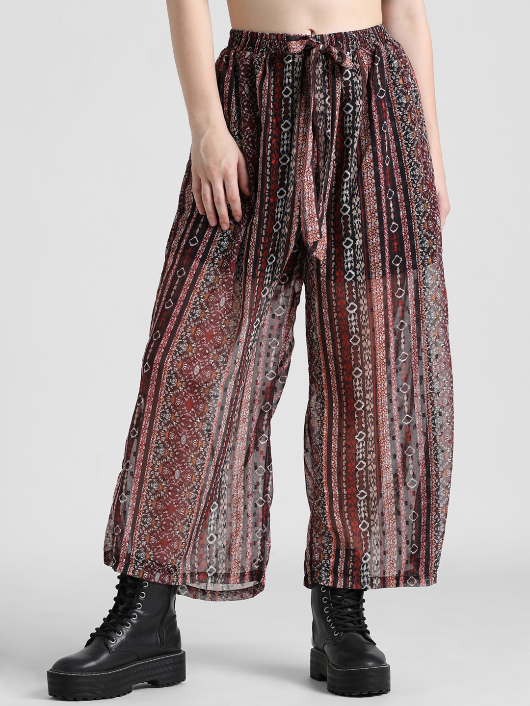 

ONLY Women ONLDBRAX Ethnic Motifs Printed Semi Sheer Loose Fit High-Rise Parallel Trousers, Black