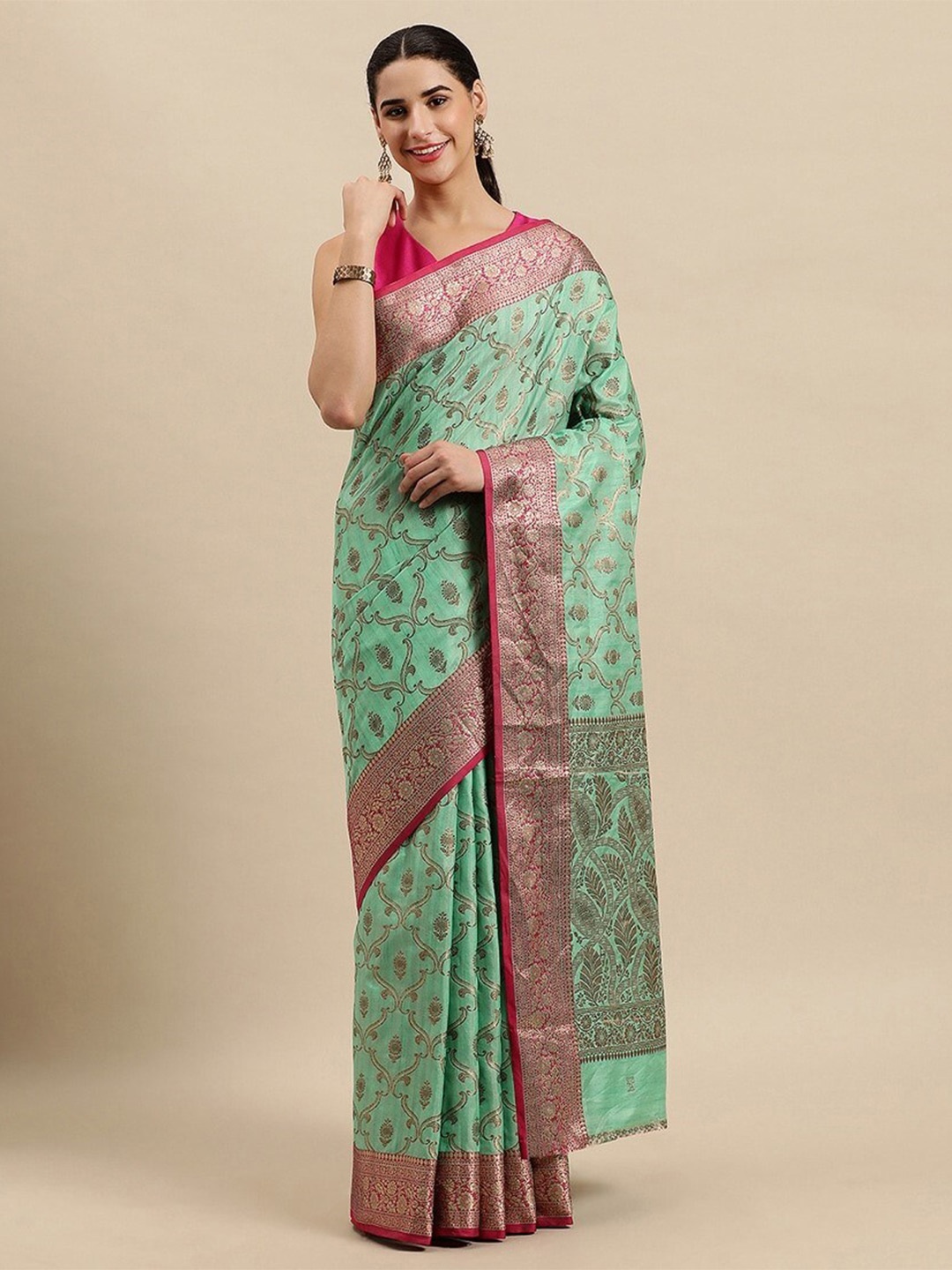 

Mitera Turquoise Blue & Gold-Toned Woven Design Zari Banarasi Saree