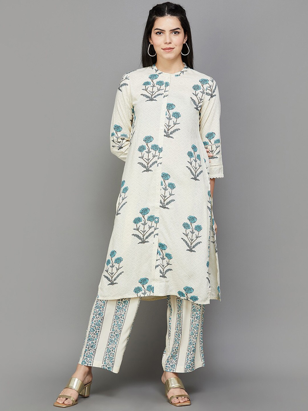 

Melange by Lifestyle Floral Printed Mandarin Collar Straight Kurta With Palazzos, Off white
