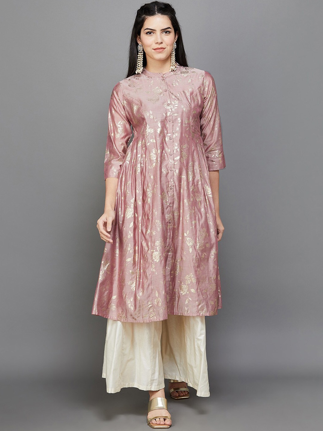

Melange by Lifestyle Floral Printed Mandarin Collar Anarkali Kurta, Pink