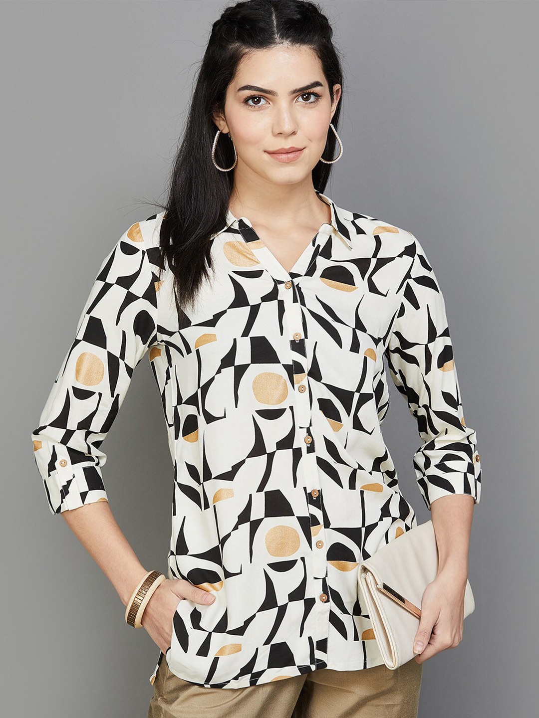 

Melange by Lifestyle Abstract Printed Shirt Collar Straight Kurti, Off white