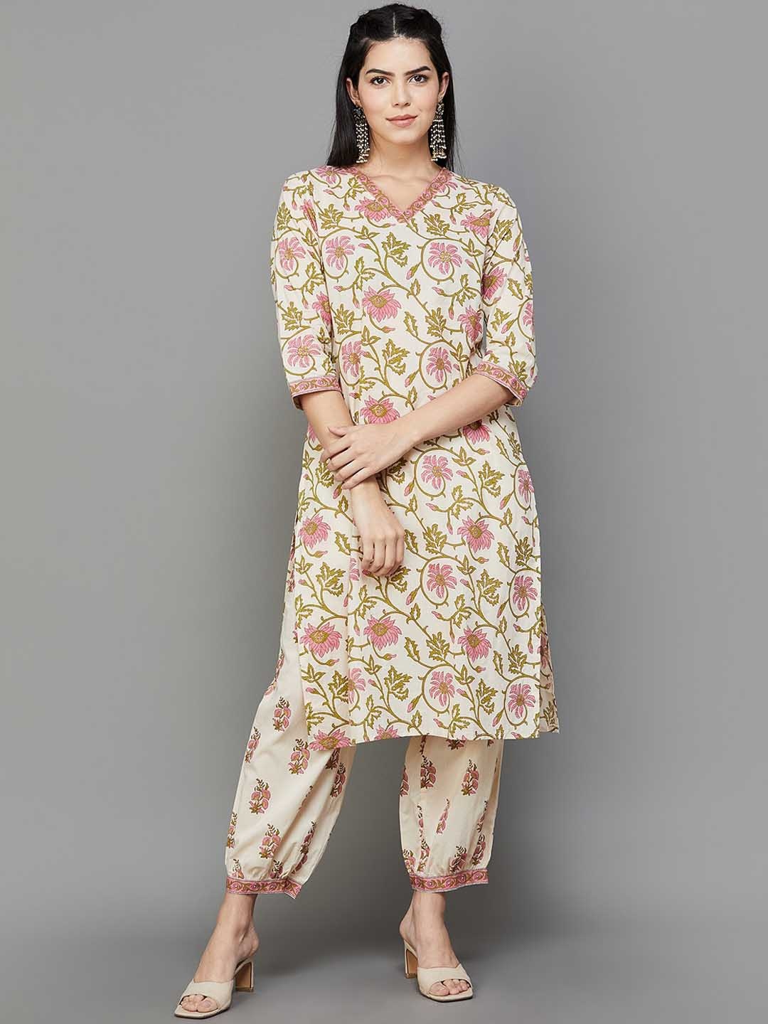 

Melange by Lifestyle Floral Printed V-Neck Pure Cotton Kurta With Patiala, Beige