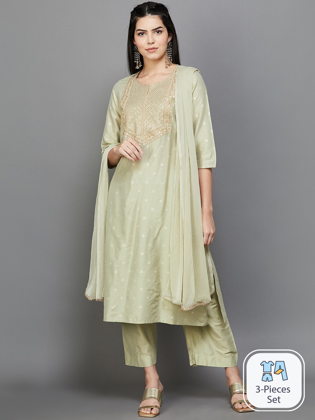 

Melange by Lifestyle Floral Embroidered Sequinned Kurta With Trousers & With Dupatta, Green