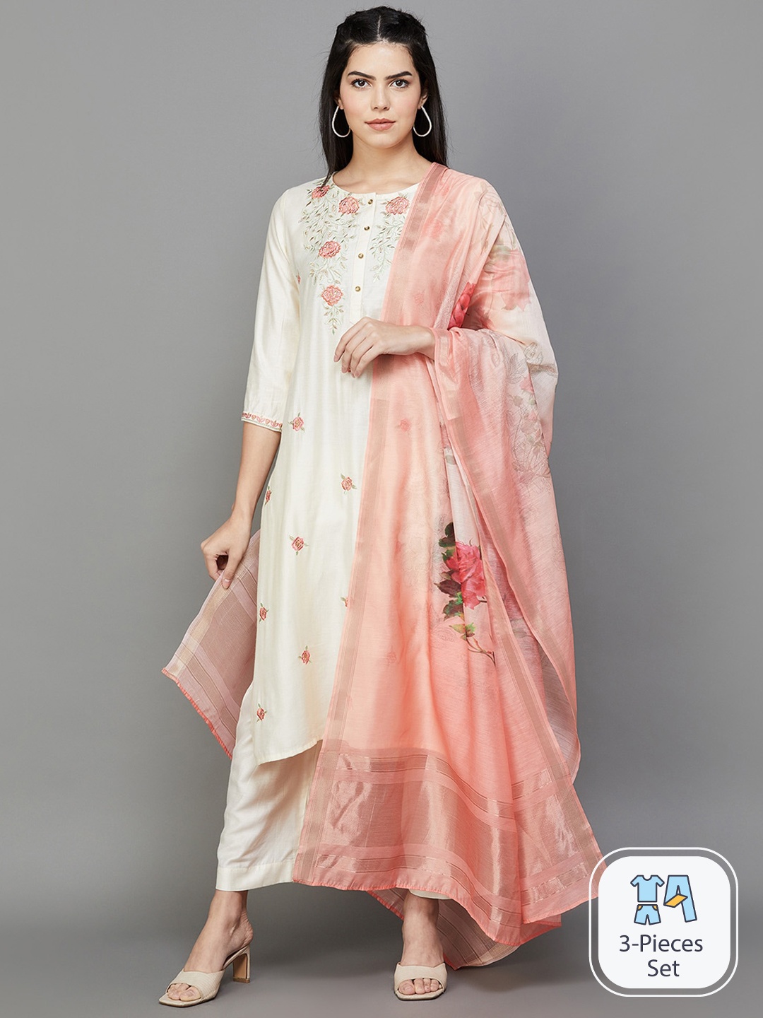 

Melange by Lifestyle Floral Embroidered Thread Work Pure Cotton Kurta With Trousers, Off white