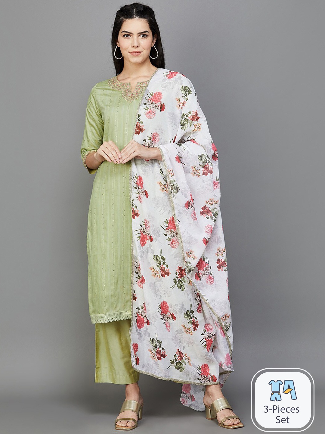 

Melange by Lifestyle Floral Embroidered Chanderi Cotton Kurta With Palazzos & Dupatta, Green