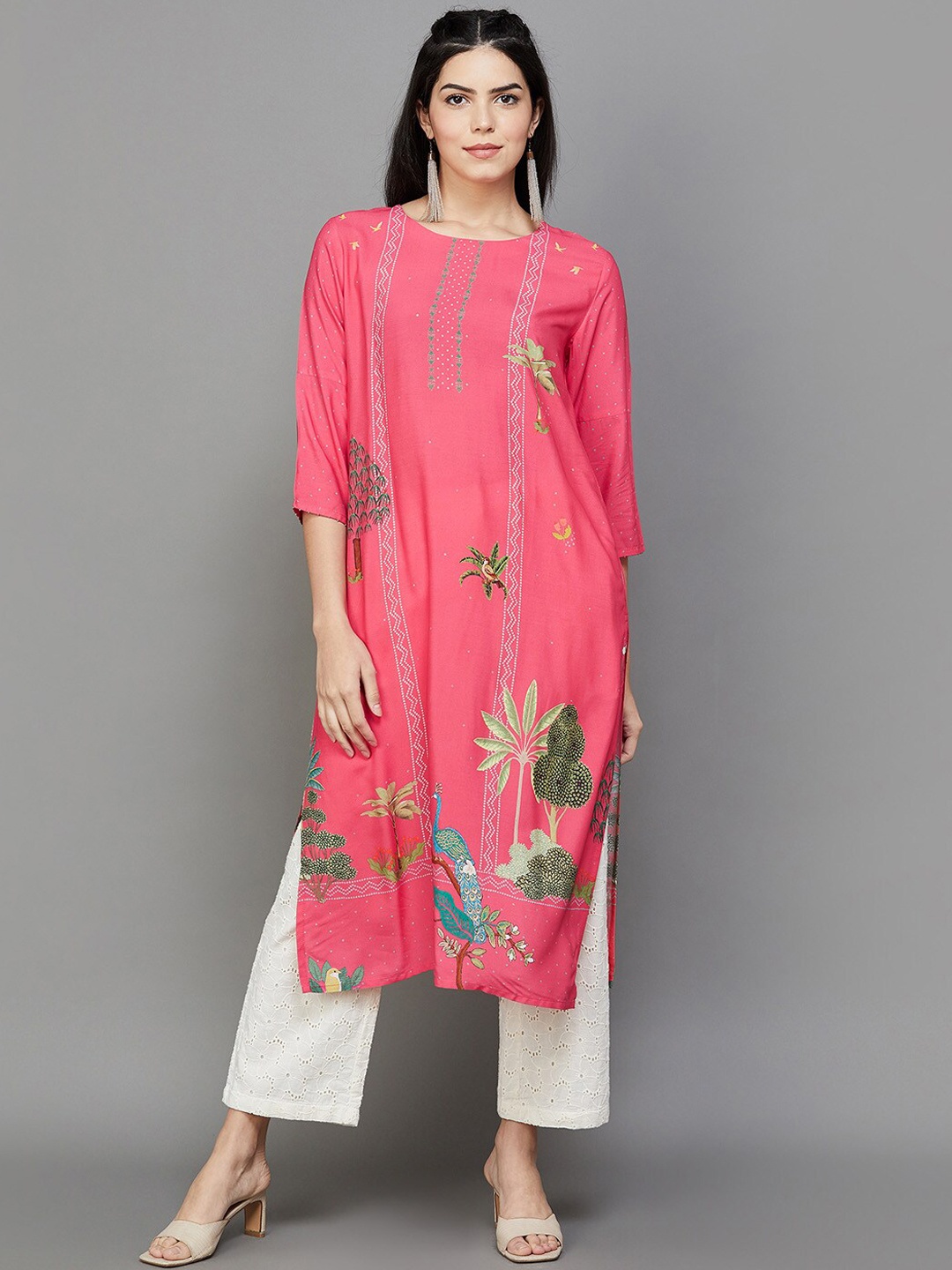 

Melange by Lifestyle Floral Printed Boat Neck Straight Kurta, Pink
