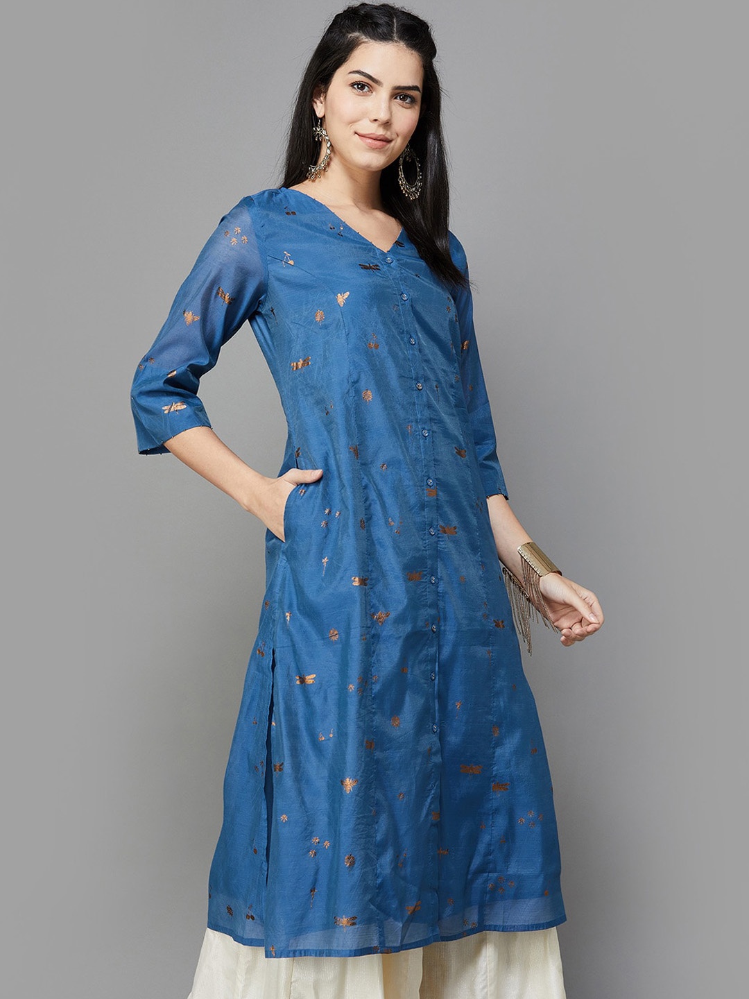 

Melange by Lifestyle Floral Printed V-Neck A-Line Kurta, Blue