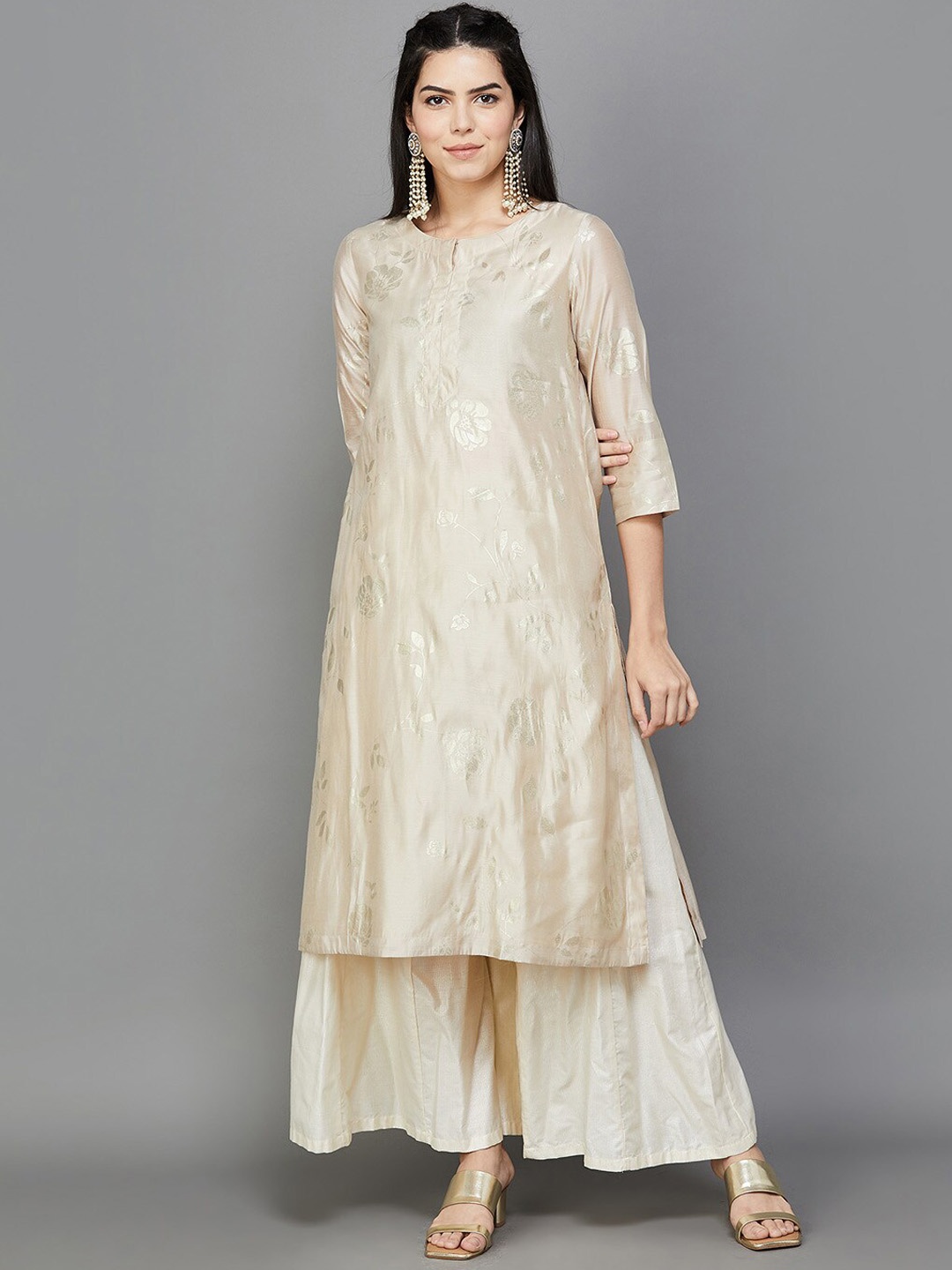 

Melange by Lifestyle Floral Woven Design Keyhole Neck A-Line Kurta, Beige