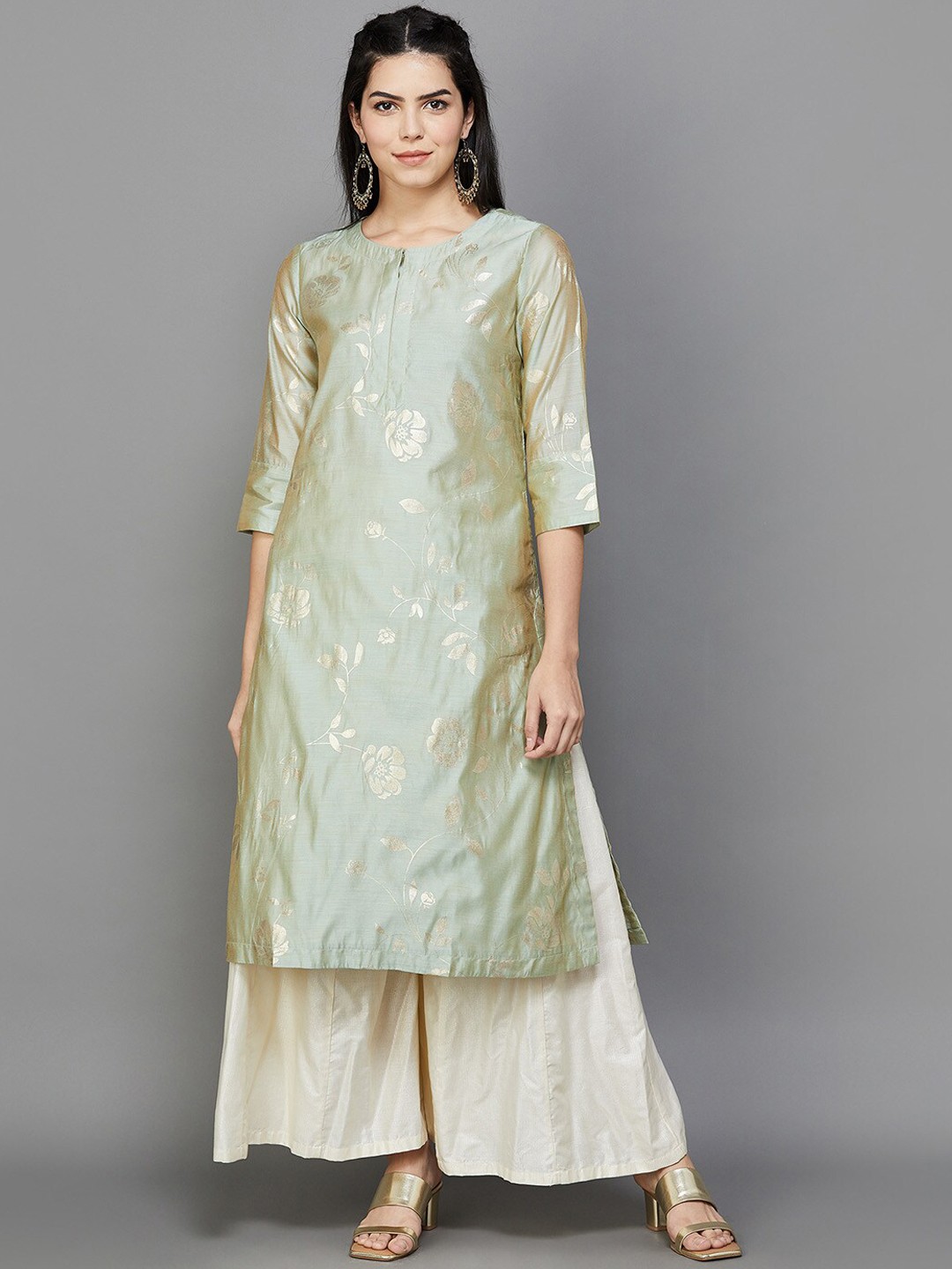 

Melange by Lifestyle Floral Woven Design Keyhole Neck Straight Kurta, Grey