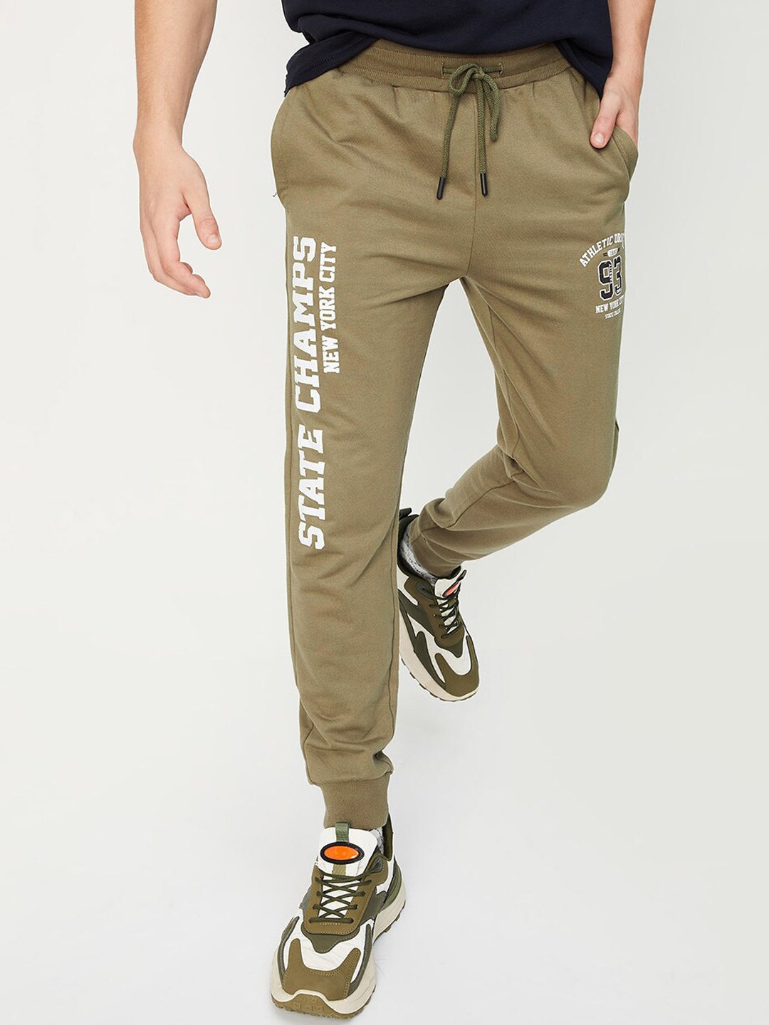 

max Men Mid-Rise Typography Printed Cotton Joggers, Beige